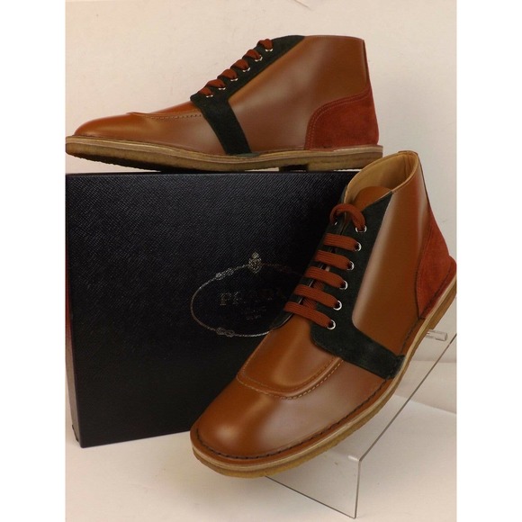 NIB PRADA BROWN LEATHER NAVY SUEDE LACE UP CHUKKA BOOTS 6 US 7 ITALY - Picture 1 of 12